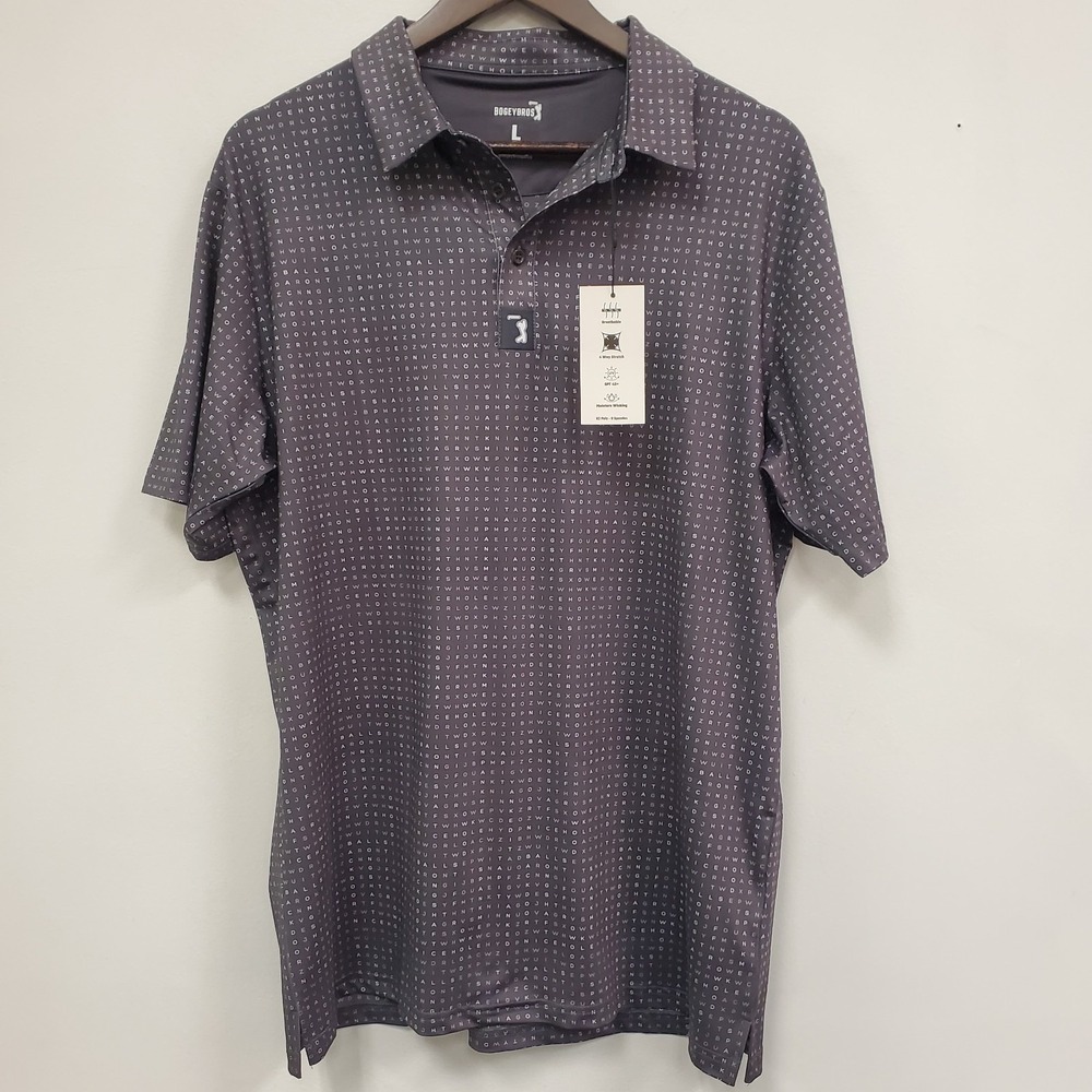 Bogey Bros Mens Short Sleeve Golf Polo Size L Gray Hidden Wordsearch 1/4 Button